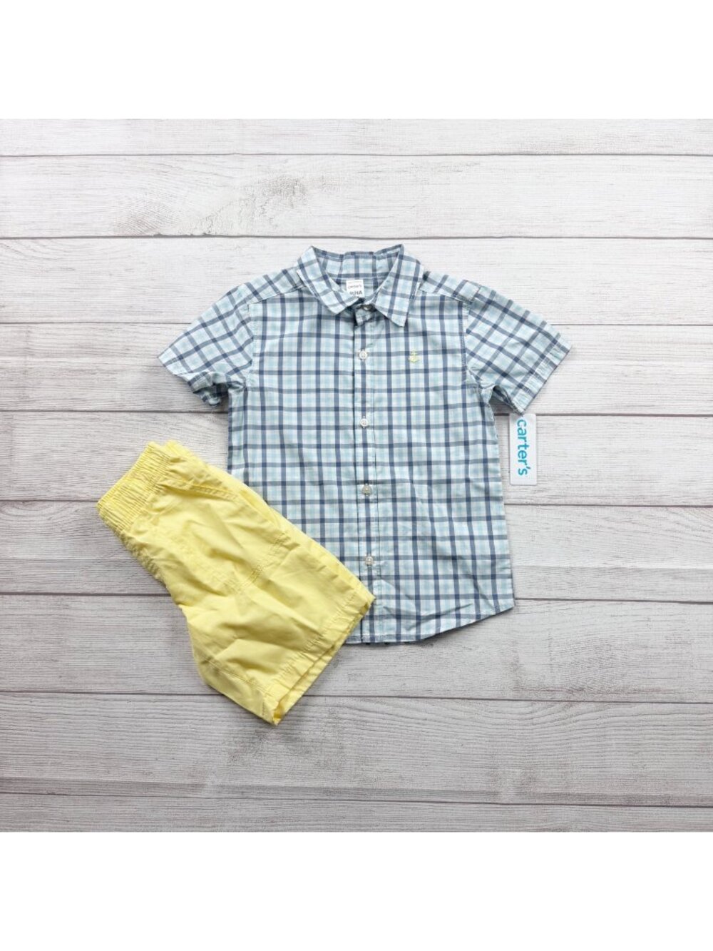 Carter’s Toddler Boys 2-Piece Outfit Shirt & Shorts Plaid & Yellow NWT 4T